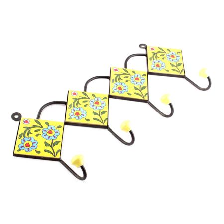 Yellow And Turquoise Ceramic Floral Tiles Hooks